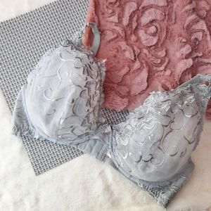 Victoria's Secret Sheer Unlined Floral Lace Bra Gray Green 36DD Gift Idea